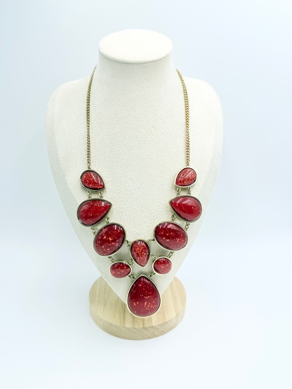 Charming Charlie Red Statement Bib Necklace Gold Tone Resin Adjustable